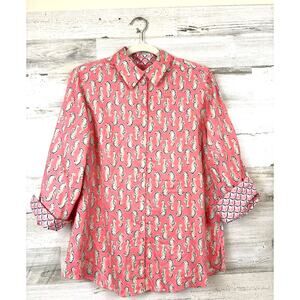 Foxcroft Womens 12 Pink Green Seahorse Wrinkle Free Button Up Dress Shirt NEW